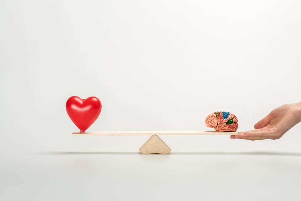 cropped view of woman holding seesaw with human brain and red heart on white -mental health - mental health help