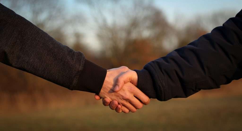 Two people shaking hands in agreement