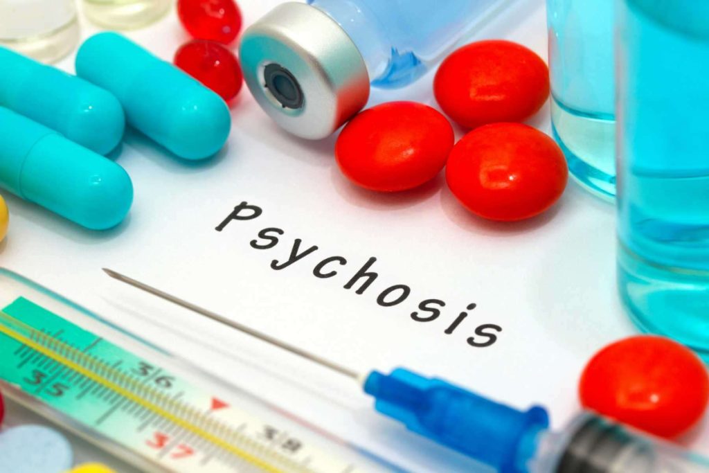 Label with the word psychosis surrounded by meds. alcohol induced psychosis